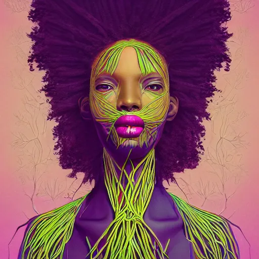 Image similar to the head of an unbelievably elegant and beautiful black woman partially made of potatoes roots and violets, an ultrafine detailed illustration by james jean, final fantasy, intricate linework, bright colors, behance contest winner, vanitas, angular, altermodern, unreal engine 5 highly rendered, global illumination, radiant light, detailed and intricate environment