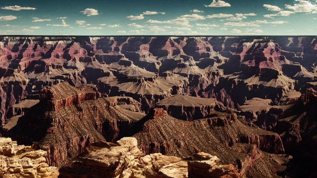 Prompt: an atmospheric film still by denis villeneuve featuring a dark gothic cathedral carved out of rock at the top of the grand canyon