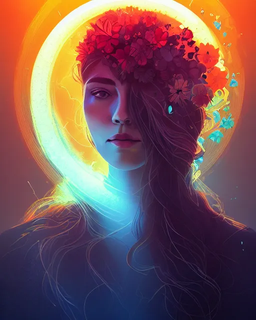 Prompt: earth priestess organic overgrowth portrait, artgerm, flowers, vortex, radiant halo of light, alena aenami, fire and water, liquid smoke, artstation