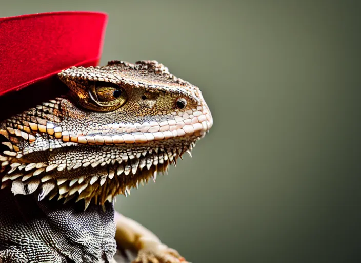 Image similar to dslr portrait still of a bearded dragon wearing a top hat and a red bowtie, 8 k 8 5 mm f 1. 4