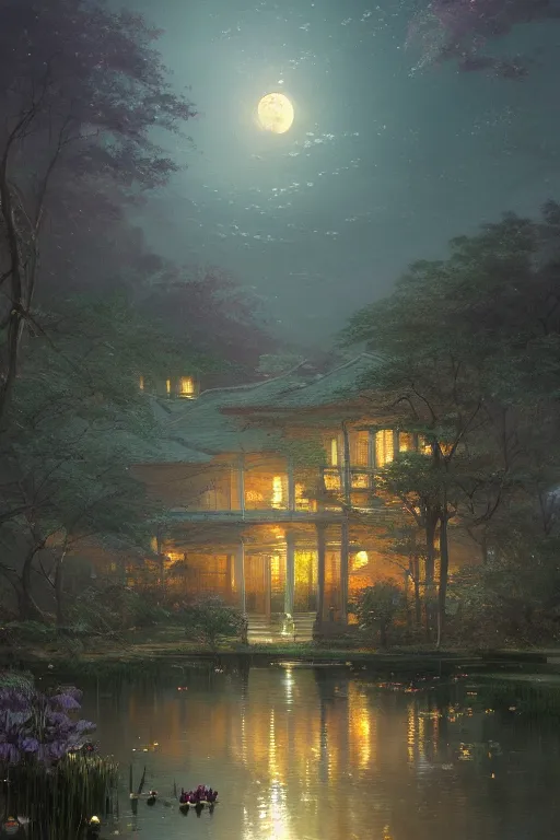 Prompt: a beautiful picture of moonlight in lotus pond ， by greg rutkowski and thomas kinkade, trending on artstation