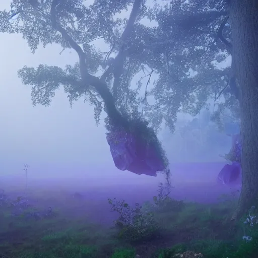 Prompt: giant amethyst and citrine crystals in a misty fairytale enchanted forest, starry moonlit sky, super moon, ethereal, muted pastel tones, david attenborough nature documentry footage, ultra high definition, 8 k