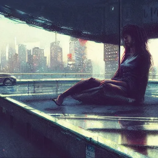 Image similar to chillwave scene of girl and cat, moment, cyberpunk elevated train, electronic billboards, tech noir, wet reflections, atmospheric, ambient, livia prima, greg rutkowski, edward hopper, pj crook