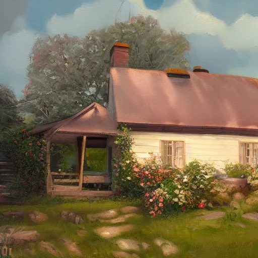 Prompt: cottage aesthetic, oil painting, pale colors, high detail, 8 k, wide angle, trending on artstation,