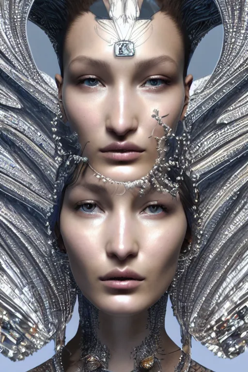 Image similar to a highly detailed 4 k portrait render of a beautiful angel alien goddess bella hadid in iris van herpen dress schiaparelli in diamonds in style of alphonse mucha trending on artstation made in unreal engine 4