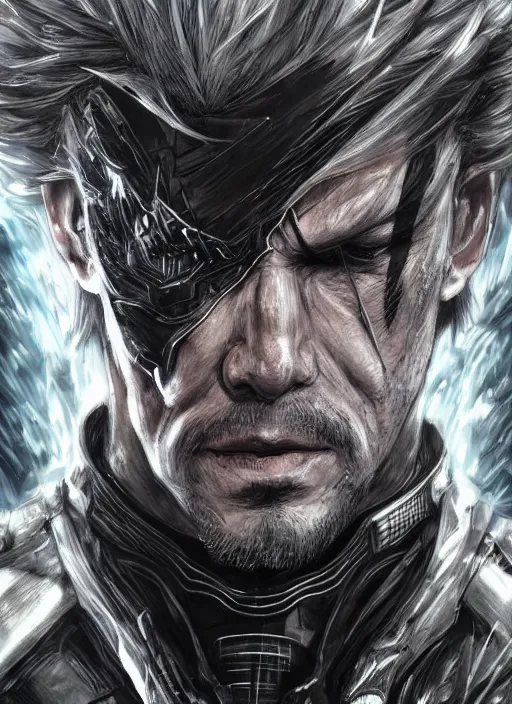 Image similar to close up portrait of raiden, metal gear rising, powerful, domineering, stoic, masterful, intense, ultrafine hyperdetailed illustration by kim jung gi, irakli nadar, intricate linework, sharp focus, octopath traveler, yoji shinkawa, highly rendered, detailed, concept art