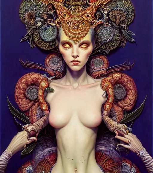 Image similar to symmetrical painting, a beautiful female succuba queen in dress, pretty, detailed and intricate, perfect body shape, perfect face, hypermaximalist, elegant, ornate, luxury, elite, matte painting, cinematic lighting, james jean, brian froud, wayne barlowe