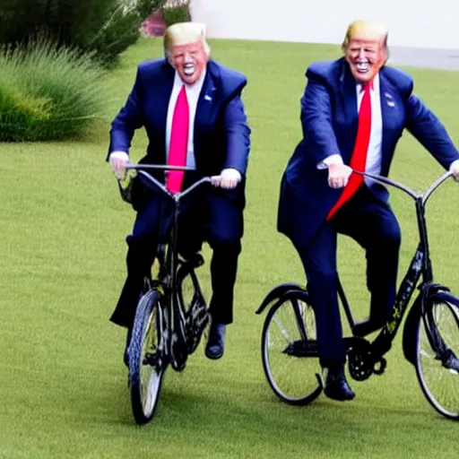 Image similar to joe biden and donald trump drunkenly riding a tandem bike together, laughing and joking,