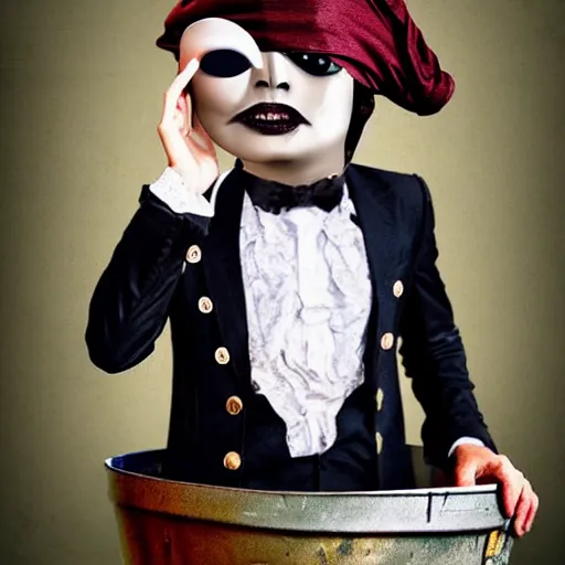 Prompt: A pirate with one eye, holding his eyeball, wearing a suit, dull facial expression, standing on a trash can, real photograph, intricate, sinister, Trending on Artstation, HQ, deviantart, art by artgem,