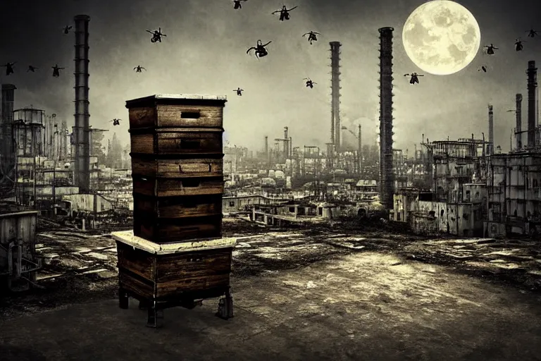 Image similar to simplicity, gothic river favela honeybee hive, urban environment, industrial factory, apocalyptic, somber, award winning art, epic dreamlike fantasy landscape, ultra realistic,