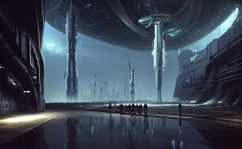 Prompt: Beautiful matte painting of gigantic alien creature standing at a gigantic military spacestation, futuristic scifi hangar, futuristic scifi city skyscrapers, night, lots of Lights, wet pavement, scaffolding, cranes by Jeremy Geddes, DOFRESH, craig mullins, WLOP, Yintion J - Jiang Geping, Marc Simonetti, artstation, conceptartworld