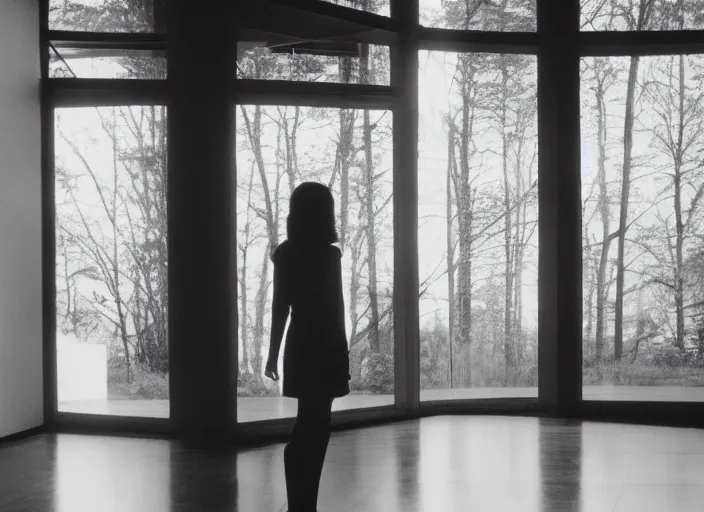 Prompt: photograph of young woman standing in front of radiating monolith in suburban living room, crisp focus, highly detailed, in roger deakins style, 3 5 mm ektachrome