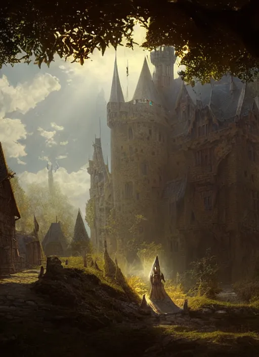 Image similar to medieval castle, mist, sunrays, dust in the air, dnd character, unreal engine, octane render, dramatic lighting, pond, digital art, by stanley artgerm lau, greg rutkowski, thomas kindkade, alphonse mucha, loish, norman rockwell,