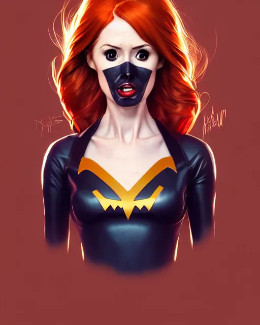 Image similar to Karen Gillan Batgirl, redhead, full body Batgirl costume with cape, no mask, symmetrical face symmetrical eyes, leaping from a building, illustration, artstation, cinematic lighting, hyperdetailed, cgsociety, 8k, high resolution, Charlie Bowater, Tom Bagshaw, Norman Rockwell, insanely detailed and intricate