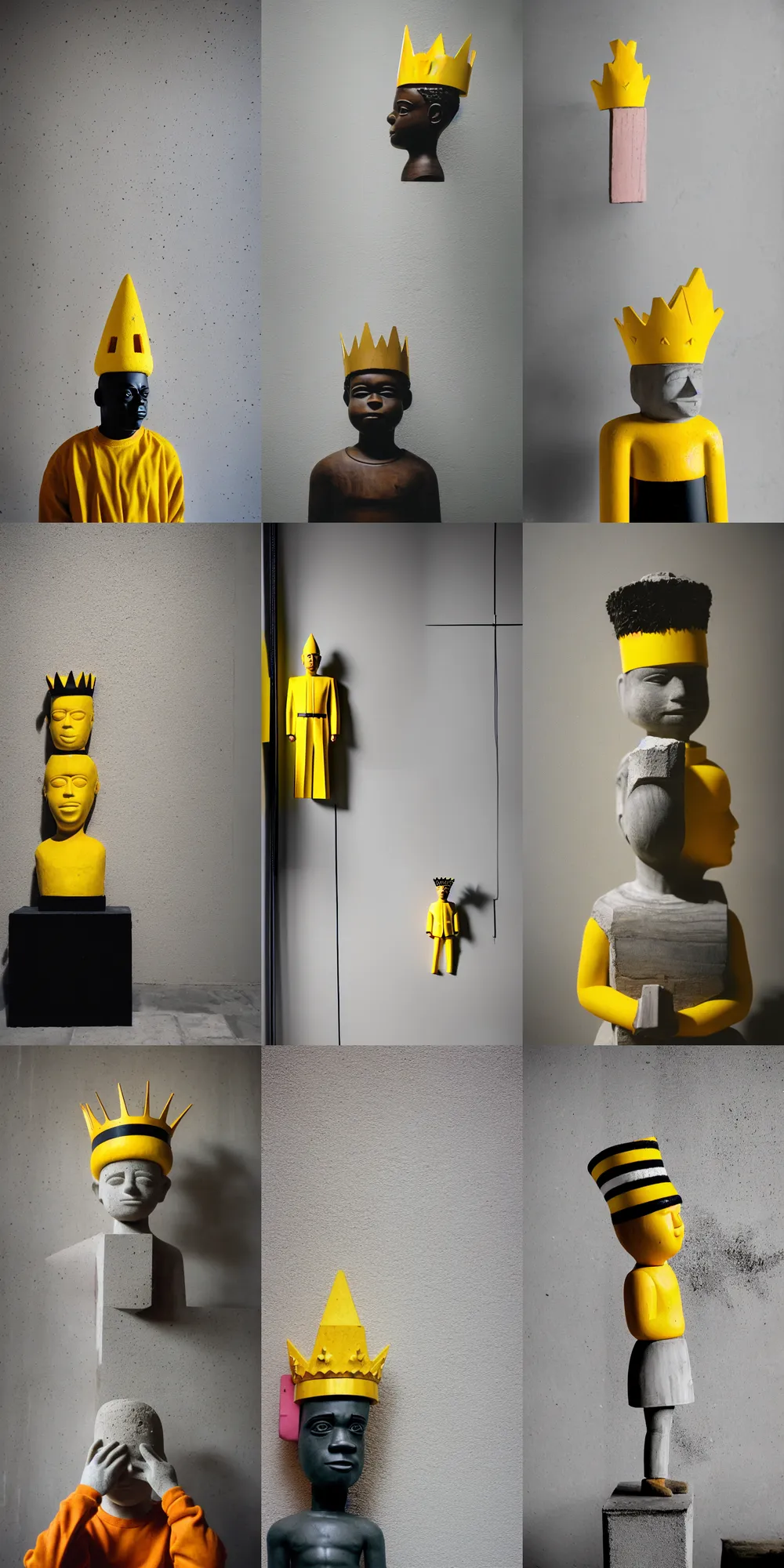 Image similar to kodak portra 4 0 0, 8 k, shot of a highly detailed, britt marling style, colour still - life portrait of a large minimalistic room, rough concrete walls, the wooden statue of a yellow black striped little man with pink crown on his head