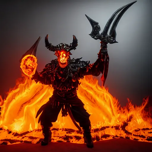 Prompt: ragnaros the firelord wielding burning skull as a mask, full body 8 k