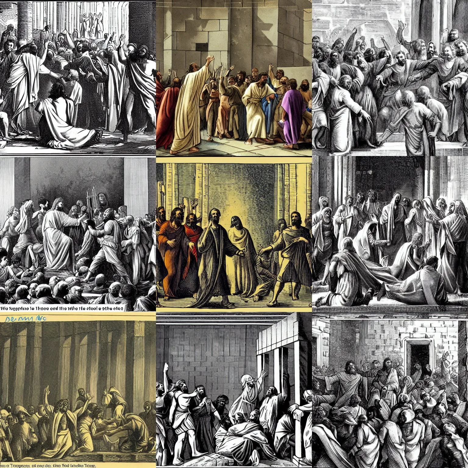 Prompt: and jesus went into the temple of god, and cast out all them that sold and bought in the temple, and overthrew the tables of the moneychangers, and the seats of them that sold doves