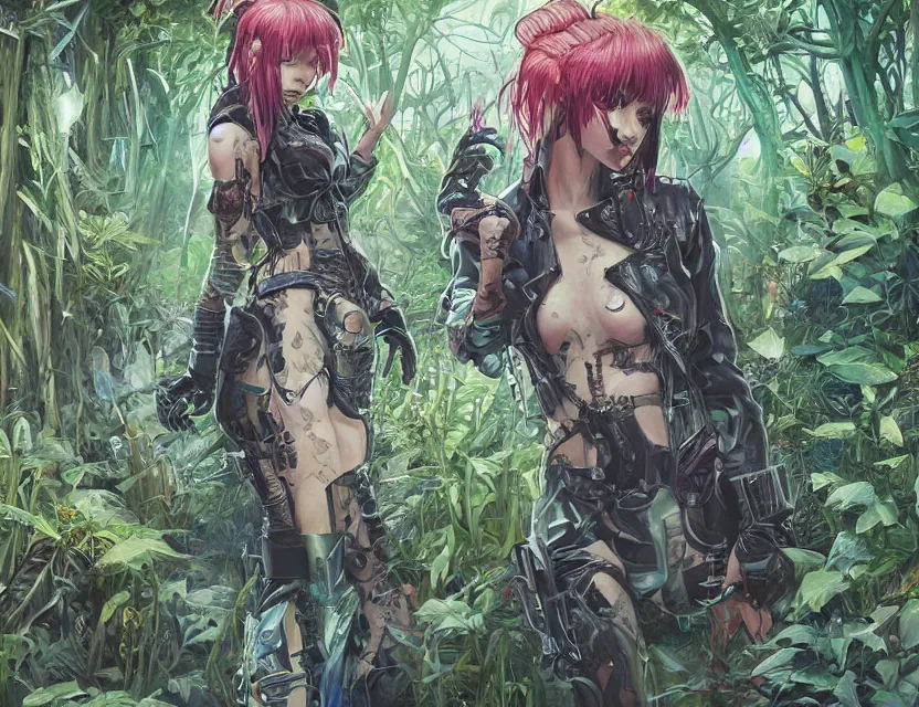 Image similar to the cyberpunk princess overgrown by plants. this oil painting by the award - winning mangaka has interesting color contrasts, plenty of details and impeccable lighting.