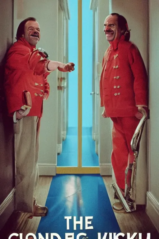 Image similar to a movie poster for the film the shining in the style of the grand budapest hotel featuring one grinning jack nicholson and blood gushing from an elevator.