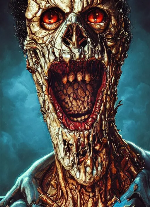 Image similar to portrait of Cookie Monster from Evil Dead (2013), intricate, highly detailed, centered, digital painting, artstation, concept art, smooth, sharp focus, illustration, artgerm, donato giancola, Joseph Christian Leyendecker, WLOP, Artgerm