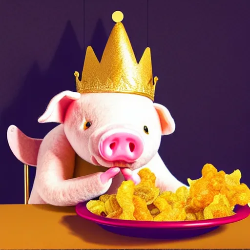 Image similar to realistic photo of a cute felt stuffed animal pig wearing a gold crown eating a bowl pork rinds and pickles at table with a bib on, high quality, cinematic concept art