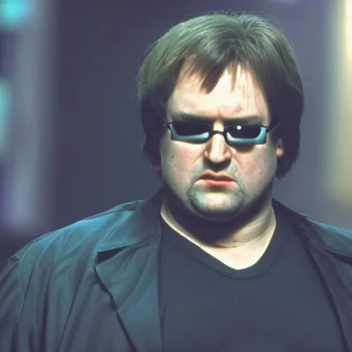 Image similar to gabe newell as neo in the matrix, 4k, high detail, high-resolution photograph