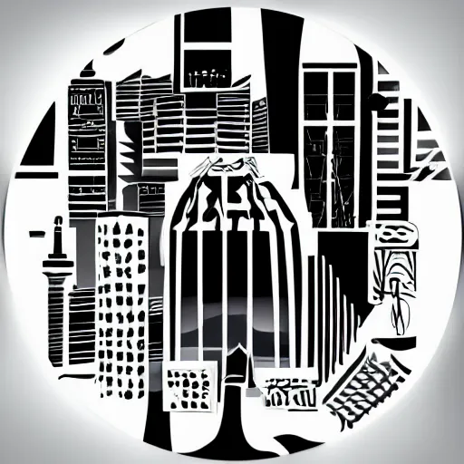 Image similar to a perfect circle, the outer edge of the circle is the silhouette of a city skyline, black and white, minimalist, in the style of a line drawing