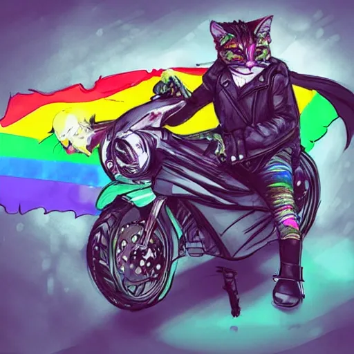 Image similar to wide angle full body, jacket wearing fluffy cute rainbow kitten wearing a black leather motorcycle jacket, riding on a motorcycle, cinematic concept art