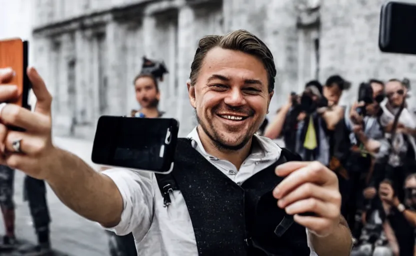 Prompt: frankestein boris karlof smiling taking a selfie, breaking news footage, action, motion, photojournalism