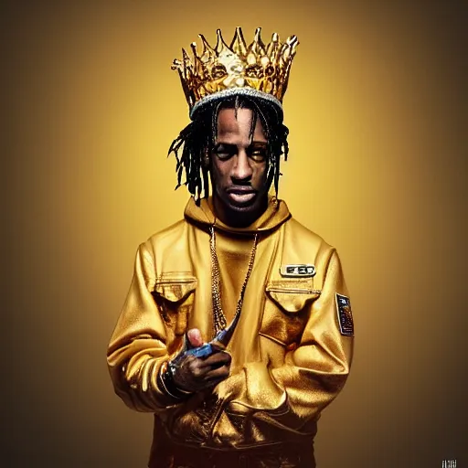 Prompt: travis scott with a golden crown, album cover,, a character portrait by weiwei, cgsociety, sots art, official art, art, character,