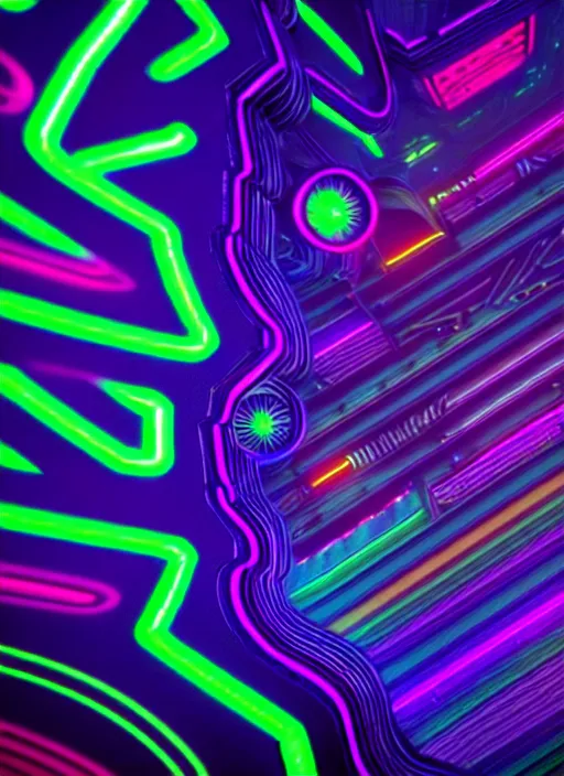 Prompt: sci - fi inspired pattern art with wild neon colors by william morris and fiona staples in blender, ultra realistic, smooth shadows, ultra detail, high resolution, cinematic, unreal 6, 8 k 3 d