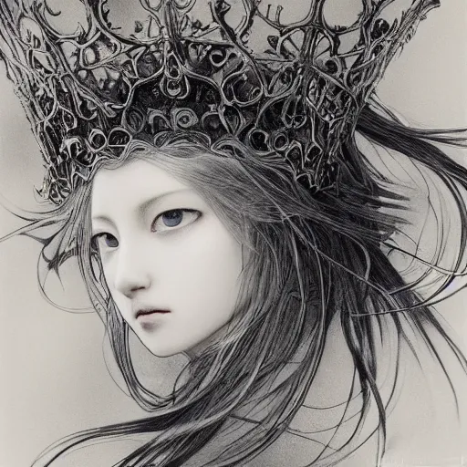 Image similar to yoshitaka amano blurred and dreamy illustration of a girl with black eyes, wavy white hair fluttering in the wind wearing elden ring armor and crown with engraving, highly detailed face, abstract black and white patterns on the background, noisy film grain effect, highly detailed, renaissance oil painting, weird portrait angle, blurred lost edges, three quarter view