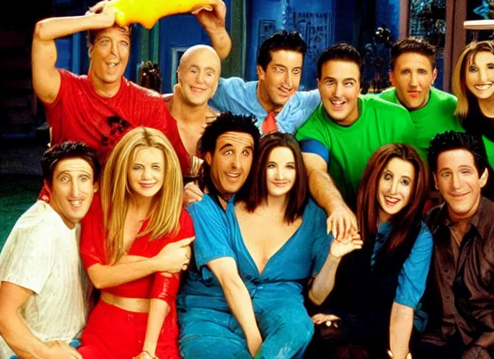 Prompt: the cast of friends getting slimed by nickelodeon