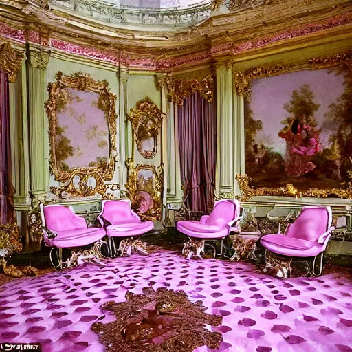 Image similar to victorian palace with beautiful gardens on pink fluffy clouds adopts the language of rococo, reimagining the dynamism of works by eighteenth - century artists such as giovanni battista tiepolo, francois boucher, nicolas lancret and jean - antoine watteau through a filter of contemporary cultural references including film, food and consumerism