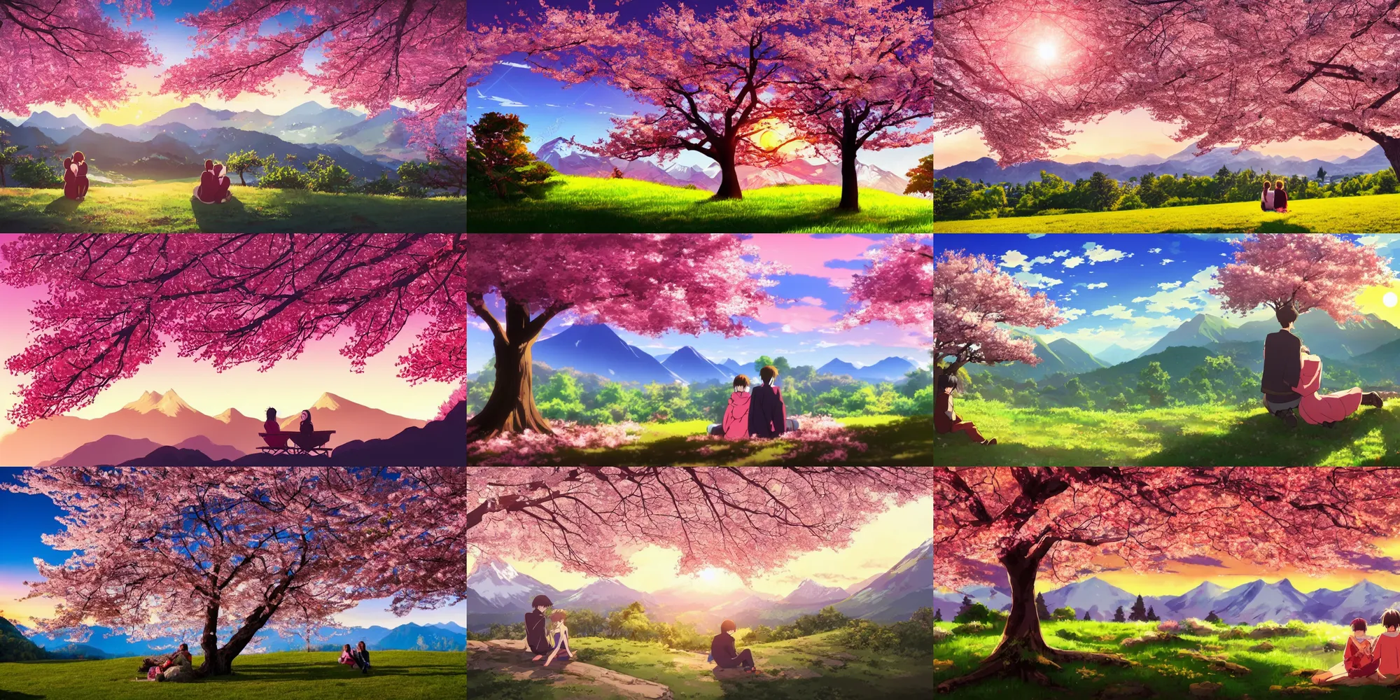 Image similar to A beautiful landscape, trees with cherry blossoms in the foreground, mountains and sunset in the background. Under a tree sits a young couple, anime style