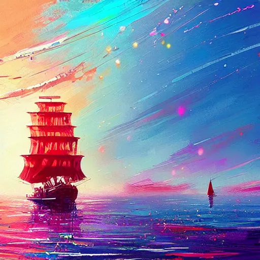 Prompt: A pirate on the high seas that has magical pearlescent shimmering see through sails, painting by Alena Aenami