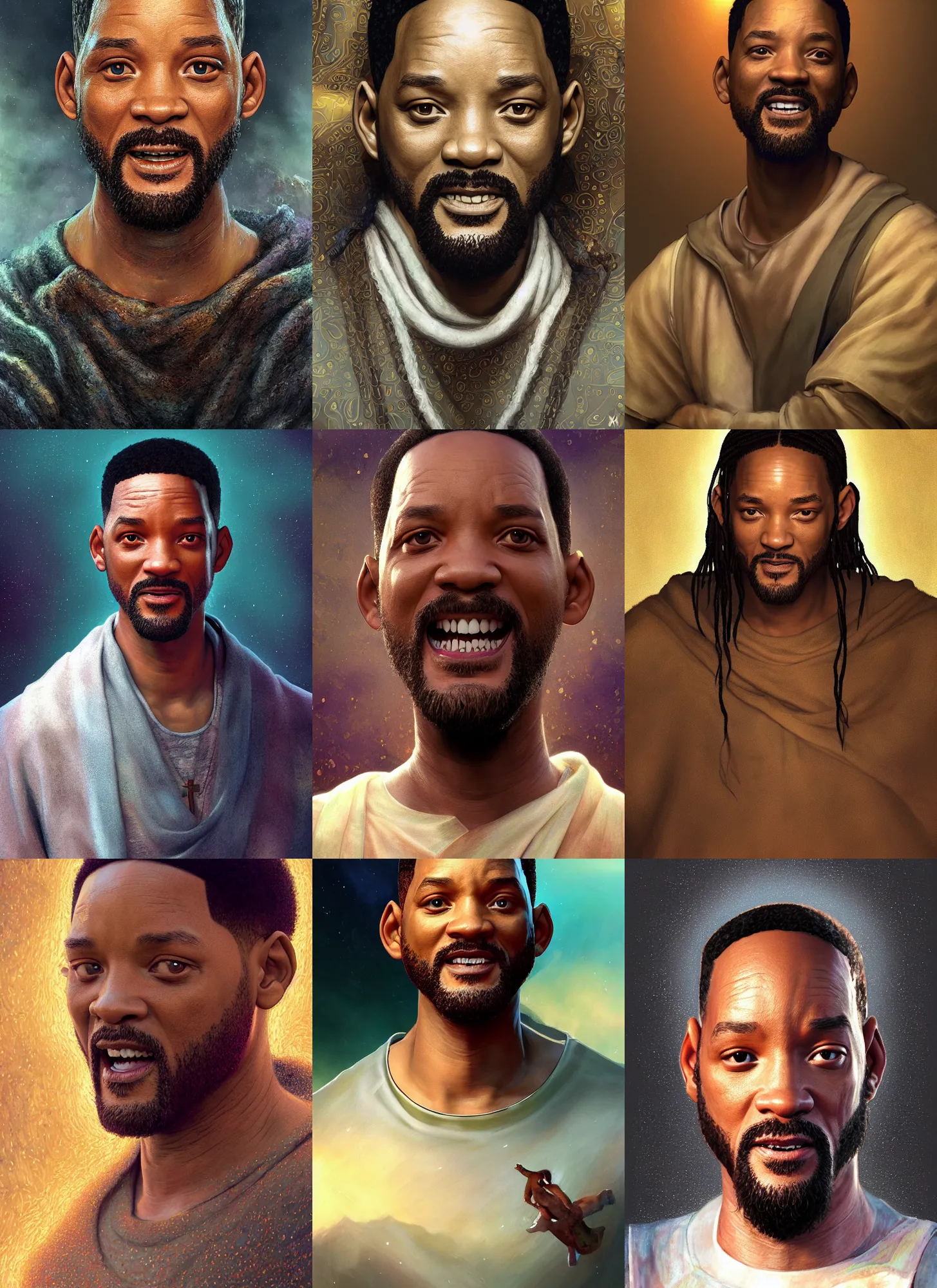 Image similar to portrait of will smith as jesus, au naturel, hyper detailed, digital art, trending in artstation, cinematic lighting, studio quality, smooth render, unreal engine 5 rendered, octane rendered, art style by klimt and nixeu and ian sprigger and wlop and krenz cushart.