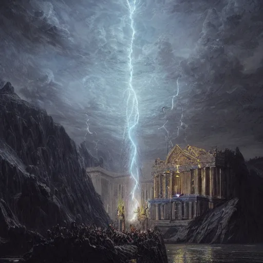 Prompt: the holy castle of Zeus, electrified, lightning-based, with statues, hyperdetailed, artstation, cgsociety, by greg rutkowski, by Gustave Dore, Deviantart