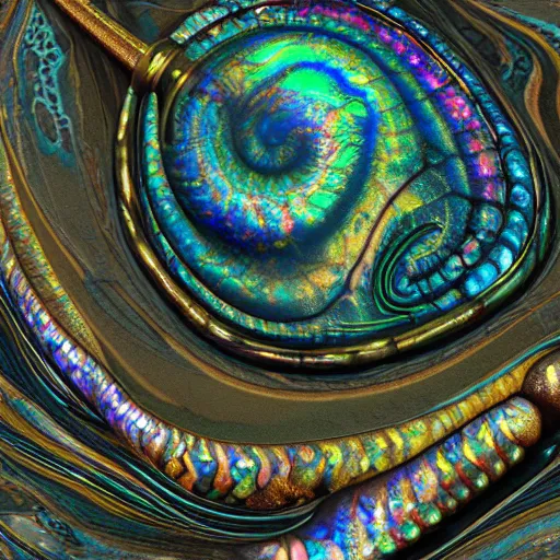 Image similar to Art Nouveau cresting oil slick waves, hyperdetailed bubbles in a shiny iridescent oil slick wave, ammolite, dinosaur bone, detailed giant opalized ammonite shell, black opal, abalone, paua shell, ornate copper patina medieval ornament, rococo, organic rippling spirals, octane render, 8k 3D, druzy geode, cresting waves and seafoam