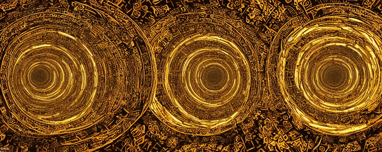 Image similar to vivid illustration of a person choosing between tunnels inside a highly intricate torus with detailed golden ornamentation and golden light, choosing between pathways