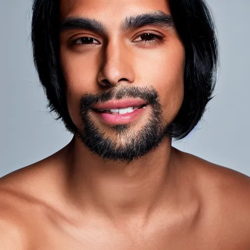 Image similar to A man with tan skin, brown eyes, and hip-length, shiny, black hair