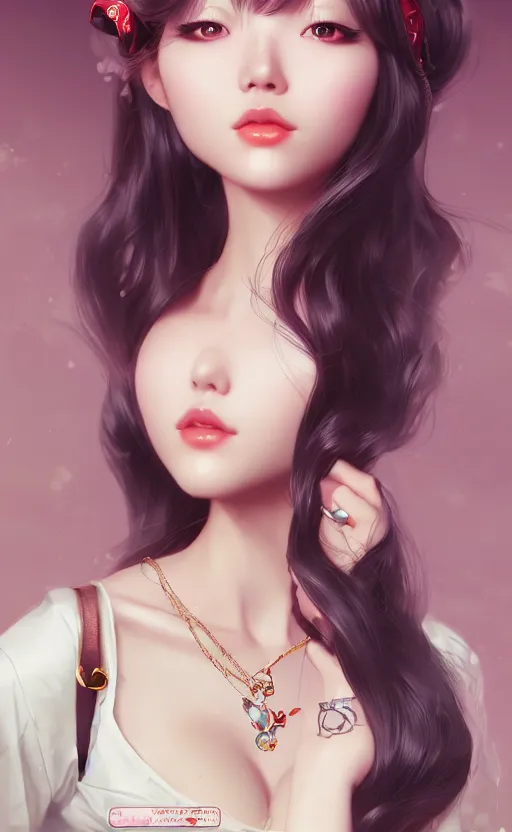 Image similar to a pin up and beautiful fashion charming dreamlke korea girl with lv jewelry, character art, art by artgerm lau and kyoung hwan kim and and ilya kuvshinov and john singer sargent, hyperdetailed, 8 k realistic, symmetrical, frostbite 3 engine, cryengine, dof, trending on artstation, digital art