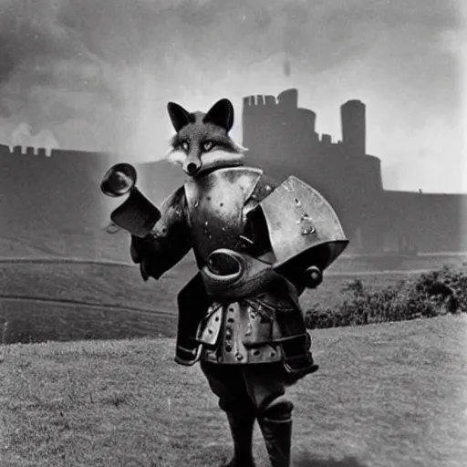 Image similar to anthropomorphic fox!! who is a medieval knight holding a swo - rd towards a stor - my thundercloud [ 1 9 3 0 s film still ], ( castle in the background )