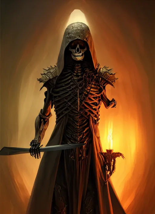 Prompt: portrait of a skeleton in a dark cloak holding a large translucent claymore sword made from the souls of the dead, intricate, elegant, highly detailed, digital painting, artstation, concept art, smooth, sharp focus, illustration, art by wlop, mars ravelo and greg rutkowski