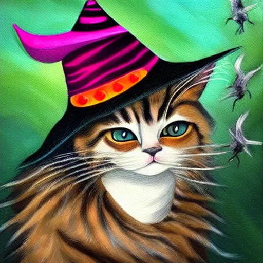 Image similar to beautiful work of art artistic painting realistic masterpiece where a cat comes out with a witch hat
