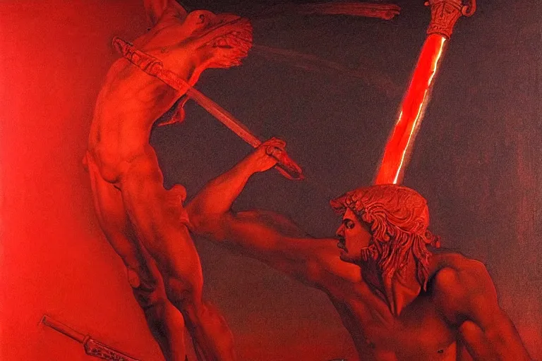 Image similar to only with red, a red melted apollo with a laurel wreath and a flaming sword announce the win, atene in the background, in the style of beksinski, part by hopper, part by rodcenko, part by hofbauer, intricate composition, red by caravaggio, insanely quality, highly detailed, masterpiece, red light, artstation