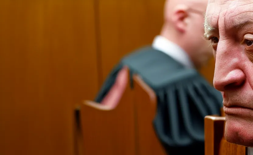 Image similar to a courtroom, close up a bald man in a skirt, no blur, 4 k resolution, ultra detailed by william eggleston