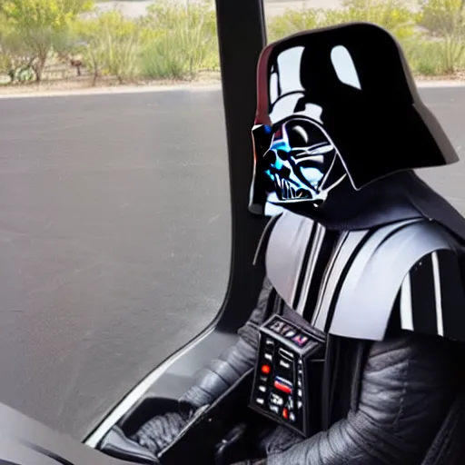 Prompt: (darth vader sits in his TIE Fighter with the window rolled down, at the taco bell drive through, getting his tacos and drink), 8K, 4K, UE5