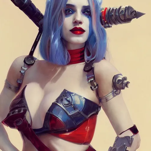 Image similar to a portrait of Harley Quinn in bikini armor, Warhammer 40000, cyberpunk, intricate, elegant, highly detailed, digital painting, trending on artstation, concept art, smooth, sharp focus, illustration, art by Ruan Jia and Mandy Jurgens and Artgerm and william-adolphe bouguereau and greg rutkowski and alphonse mucha