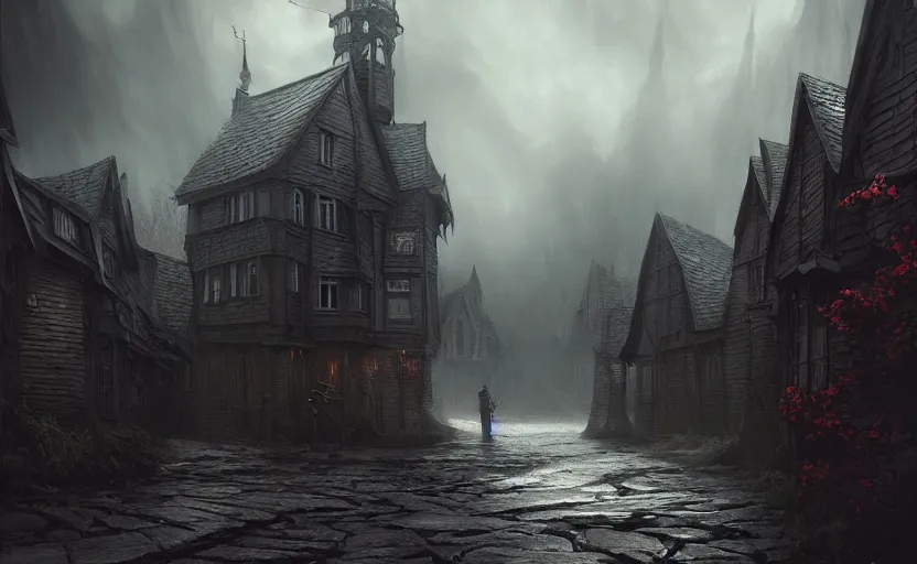 Prompt: extreme long shot concept art depicted an old english mystic town, dramatic mood, overcast mood, dark fantasy environment, art by tony sart and thornton oakley and darek zabrocki, trending on artstation, unreal engine, hyper - real movie shot